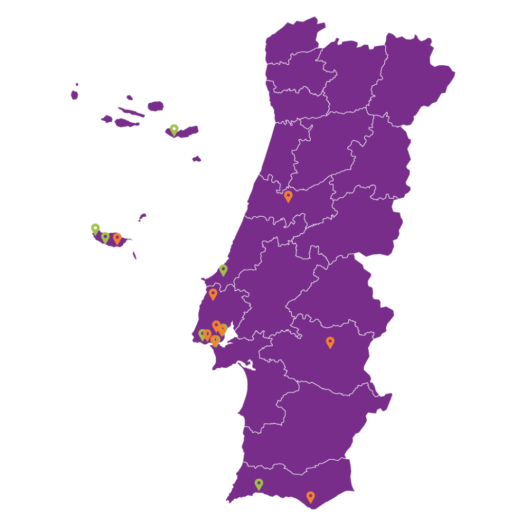 Mapa de Portugal com escolas do IsD
