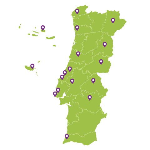 mapa de Portugal com locais assinalados